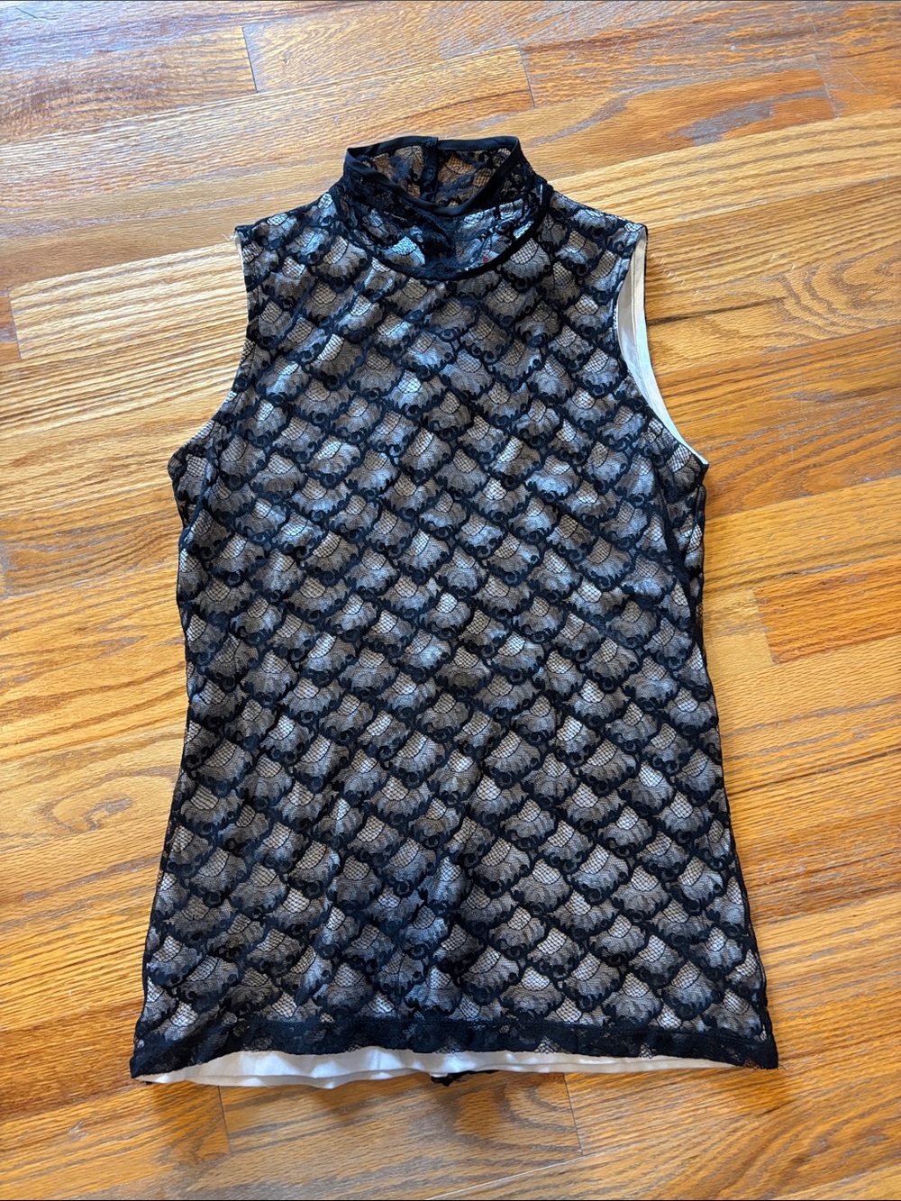 Diane Von Furstenberg Sleeveless Black Lace Overlay Mock Neck Top